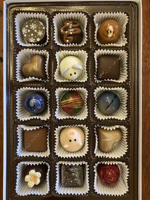 Beautifully crafted fine chocolates- they're too pretty to eat, but we did anyway!