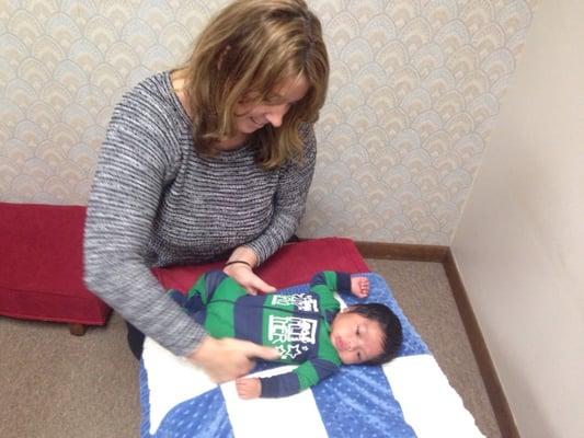 My 5 week old getting an adjustment from Dr. King.