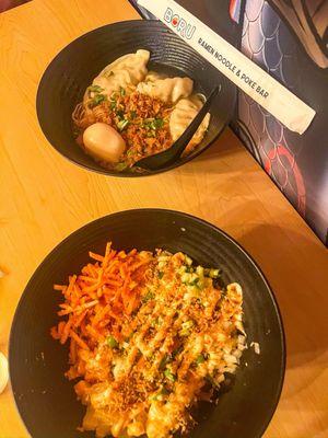 Poke bowl and pork gyoza ramen