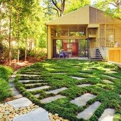 Shady back yard with dwarf Mondo and blue craborchard Dry creek bed to redirect the water