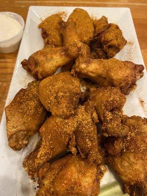 Extra crispy dry rub wings, Cajun and old bay.