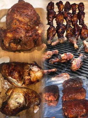 Varieties of chicken grilled and smoked.