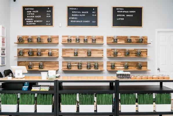 Shelves stocked with CBD flower.