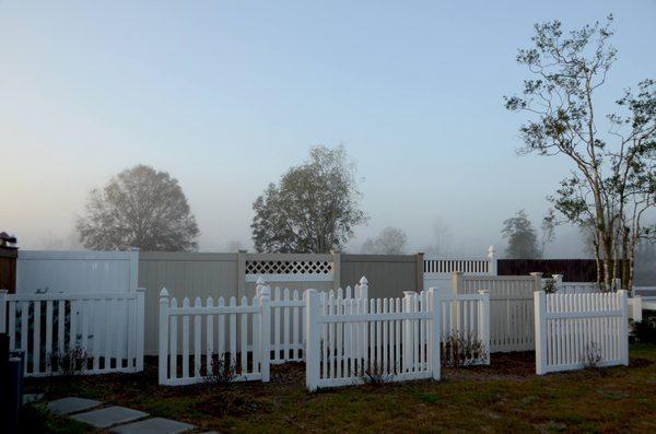 Our PVC/Vinyl Fence Display in our Fence Garden at 2410 Water Plant Rd., St Augustine