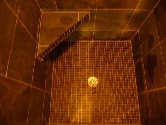 Bathroom - Shower Stall with Mosaic Tile Floor and Corner Bench