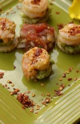 Signature Hors D'oeuvre ~ Warm corncake round with Lemon-Garlic Shrimp & Fresh Chunky Guacamole.