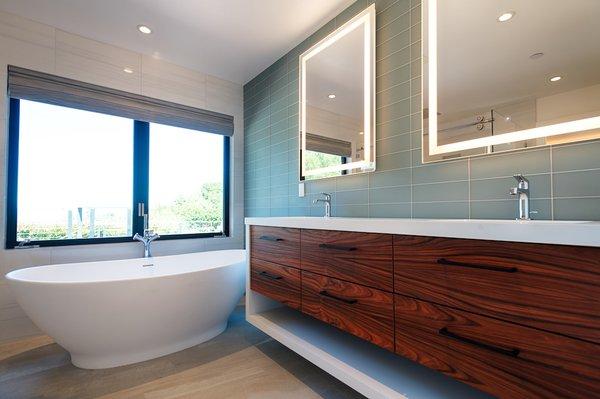 View of the master bathroom is a new modern house in the Burlingame Hills.   Diebel and Company | Architects    Kevin Ng Photography