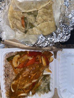 Brown stew fish and veggie roti.