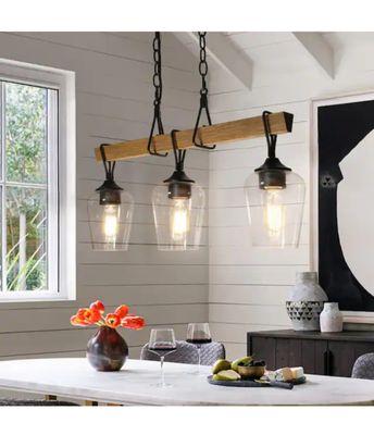 Uolfin Transitional Black Dining Room Island Chandelier, 25 in. 3-Light Farmhouse Faux Wood Pendant Hanging light for Bedroom.