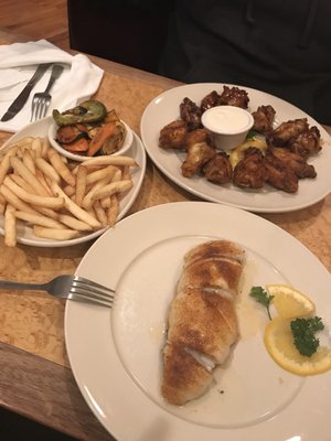 Broil filet of sole, side of fries and grilled vegs. 12 pcs chicken wings.