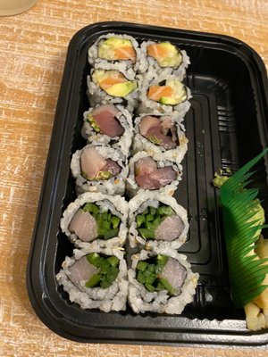 Bottom to top: - yellowtail jalapeno roll - dynamite roll - alaska roll