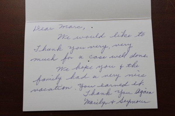 Note from client after handling personal injury case