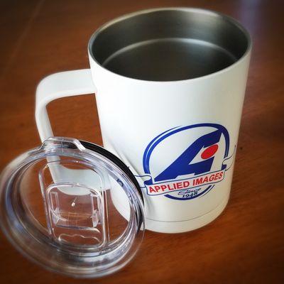 Custom Durapplied Mugs - Full Color infused images on sleek white stainless steel thermal mugs.