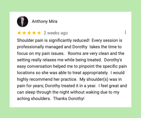 Anthony reviewed Dorothy Pang Acupuncture, he found acupuncture very effective for shoulder pain management.