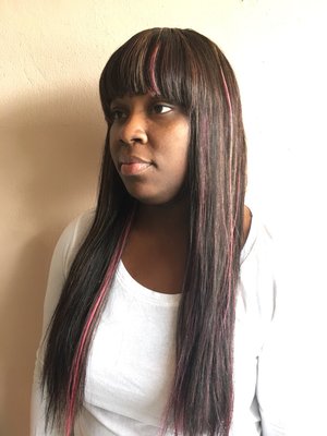 Full head sew-in with bangs and highlights.