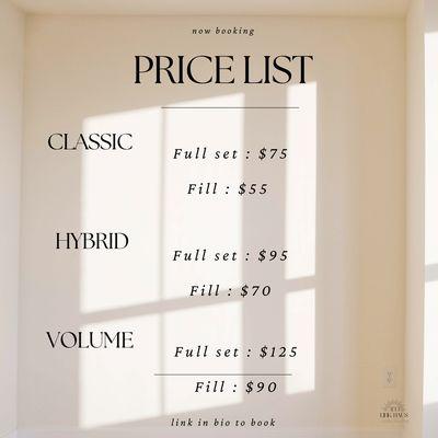 Price list for lashes