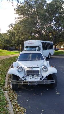 Imagine pulling up at your wedding in this classic limousine with your party following in limo bus. call more info 512-378-0454