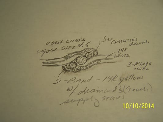 Sketch of the above ring with stones measurements and manufacturing notes.