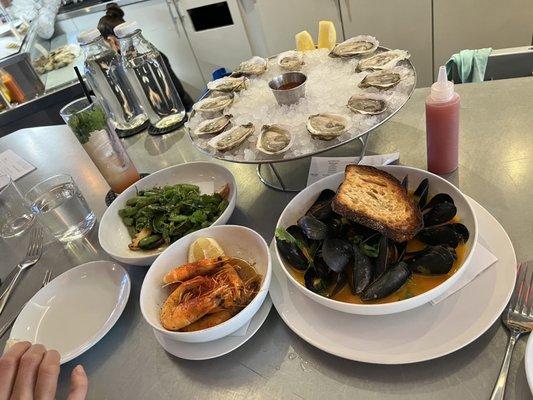 Oysters, octopus, mussels, and prawns