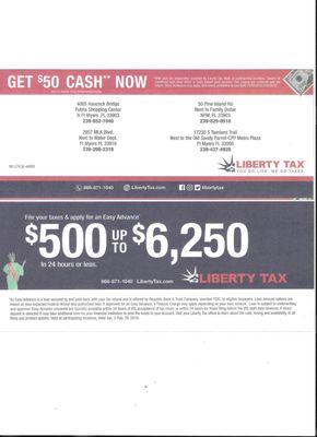 Come to Liberty Tax and Apply for an easy Advance on your tax refund and receive $50 cash on the spot with paid Tax Preperation