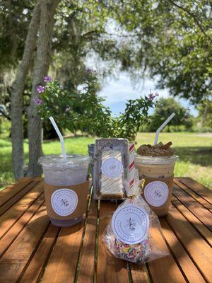 Cake pop, key lime bar, lavender lemonade, biscoff latte