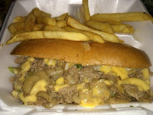 Philly cheesesteak and fries.