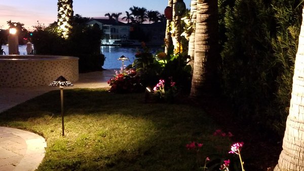 A well lit path to the jacuzzi.