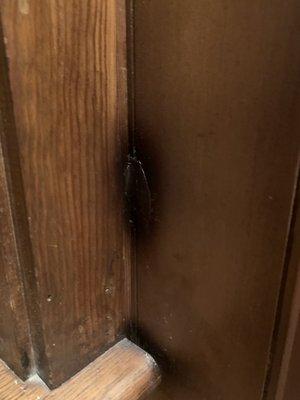 Area to fill knot hole that looks like it's been burned and onto door frame adjacent