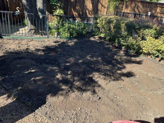 Backyard is prepped with moistened dirt and ready for sod.