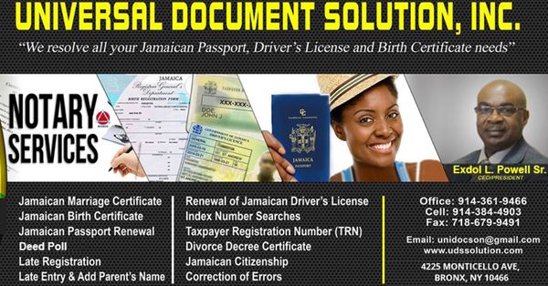 We resolve all your Jamaican Passport, Driver's License and Birth Certificate needs.