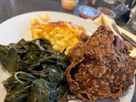 Chicken mac & cheese, collard greens