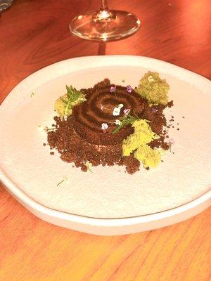 Chocolate torte with matcha cake chunks