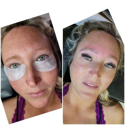 Before and after eyelashes extensión and eyebrows tinting