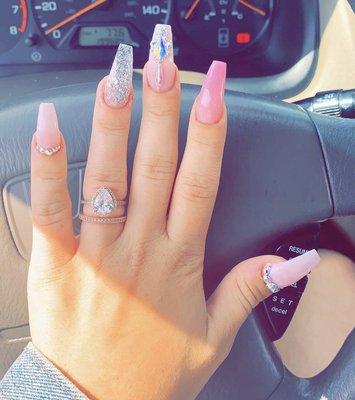 Full set with gel acrylic, pink ombré, Swarovski gems & glass nail, $90 (ask about $65 promo!)