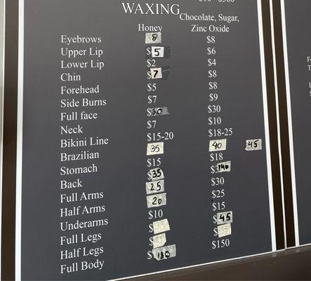 Price Menu for Waxing and Threading