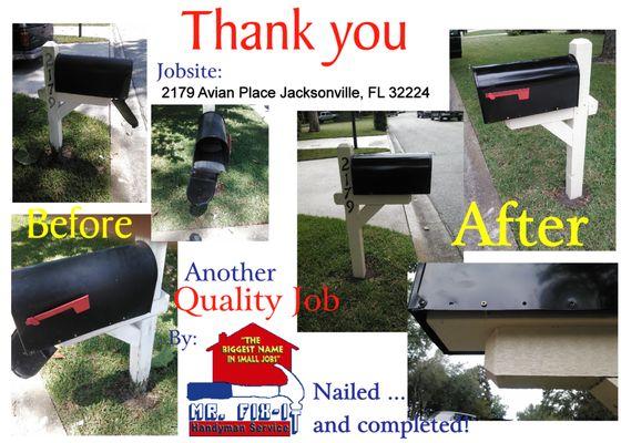 Mr. Fix-It Handyman Service just nailed and completed another mailbox repair in the greater Jacksonville, FL area.