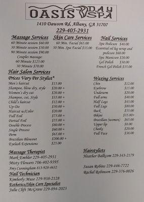 All of our spa services and pricing.