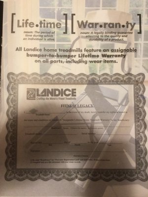 Landice Treamill's Assignable Lifetime Warranty