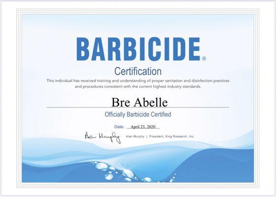 Barbicide certificate