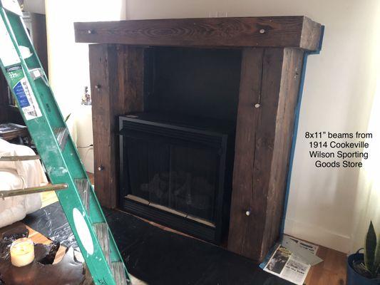 Fireplace 8x11 beams, wood spokes hold it together.