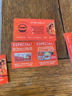 Business card of Tacos de canasta