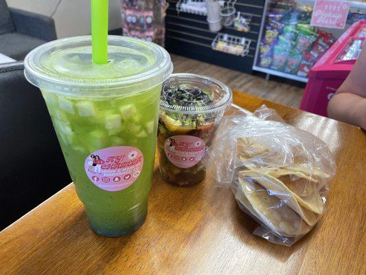 Agua Fresca, with ceviche and large chip tortillas