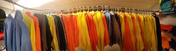 All different color hoodies and sizes.