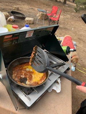 Chorizo and eggs on the propane stove!