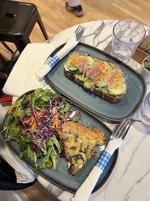 Avocado toast (top), Spinach / mushroom / goat cheese quiche (bottom)