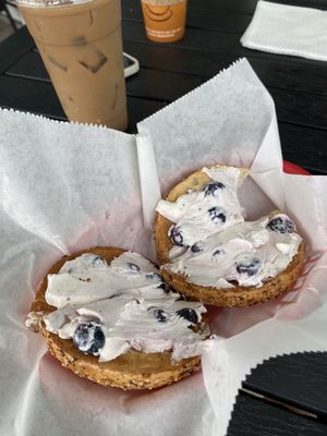 Everything bagel with blueberry cream cheese and caramel iced coffee