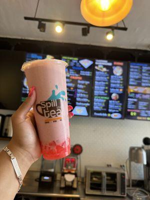 Strawberry horchata with strawberry heart boba