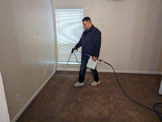 Mastermind Carpet Cleaning making sure we spray Eco-Friendly enzymes to make sure all dirt/grime is easily removed.