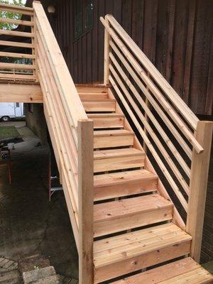 Glen Ellyn 2017 - Cedar staircase. Custom horizontal guard rails.