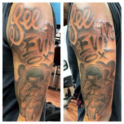 Custom "See No Evil" quarter sleeve done at Divine Art Trap Ink